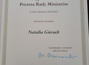 Natalia Gierach została stypendystką Prezesa Raday Ministrów