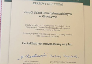 Od roku szkolnego 2019/2020 ZSP w Głuchowie należy do Krajowej Sieci Szkół Promujących Zdrowie.